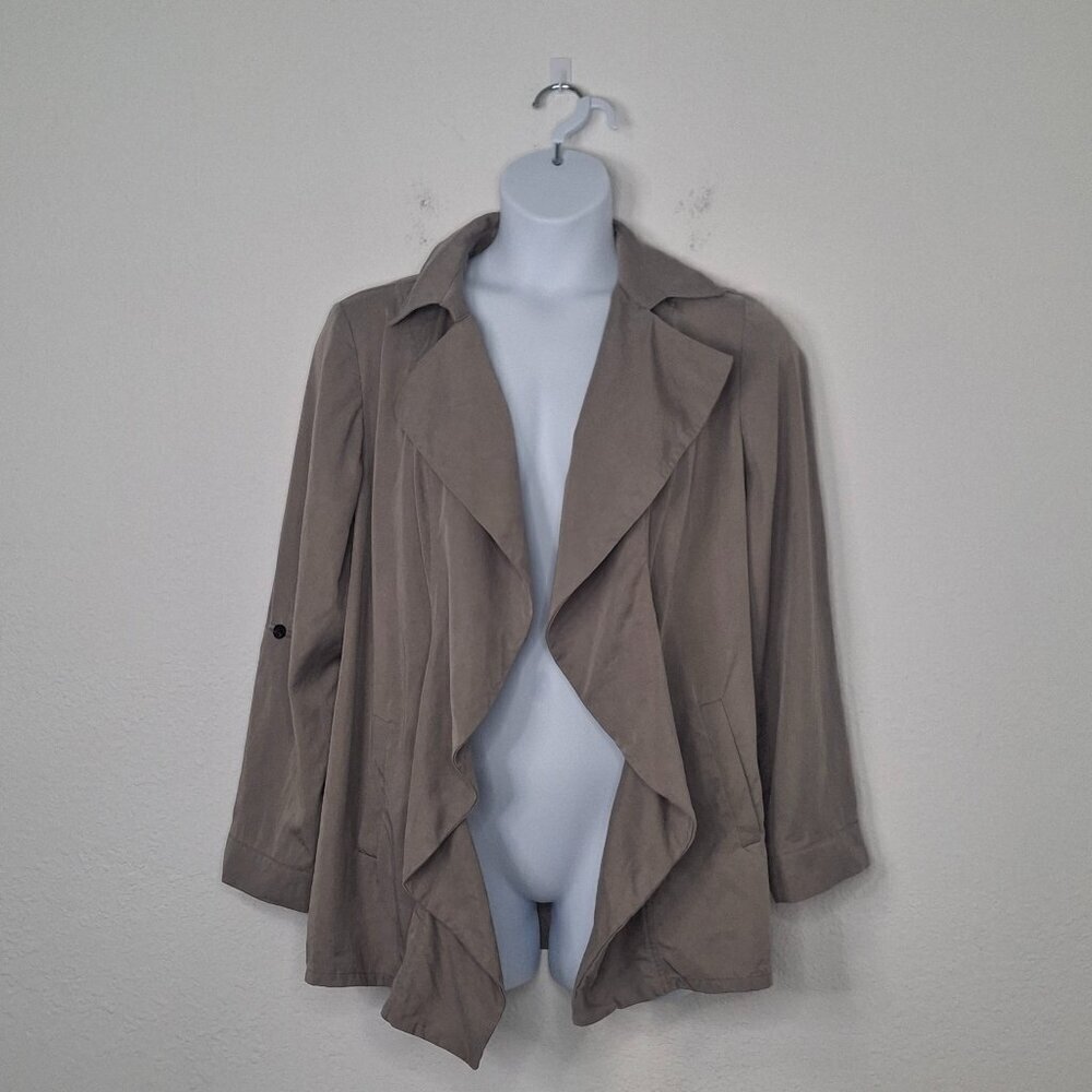 Chicos Cardigan Jacket Sz 2 Roll Tab Sleeves Elastic Back Boho Preppy Office